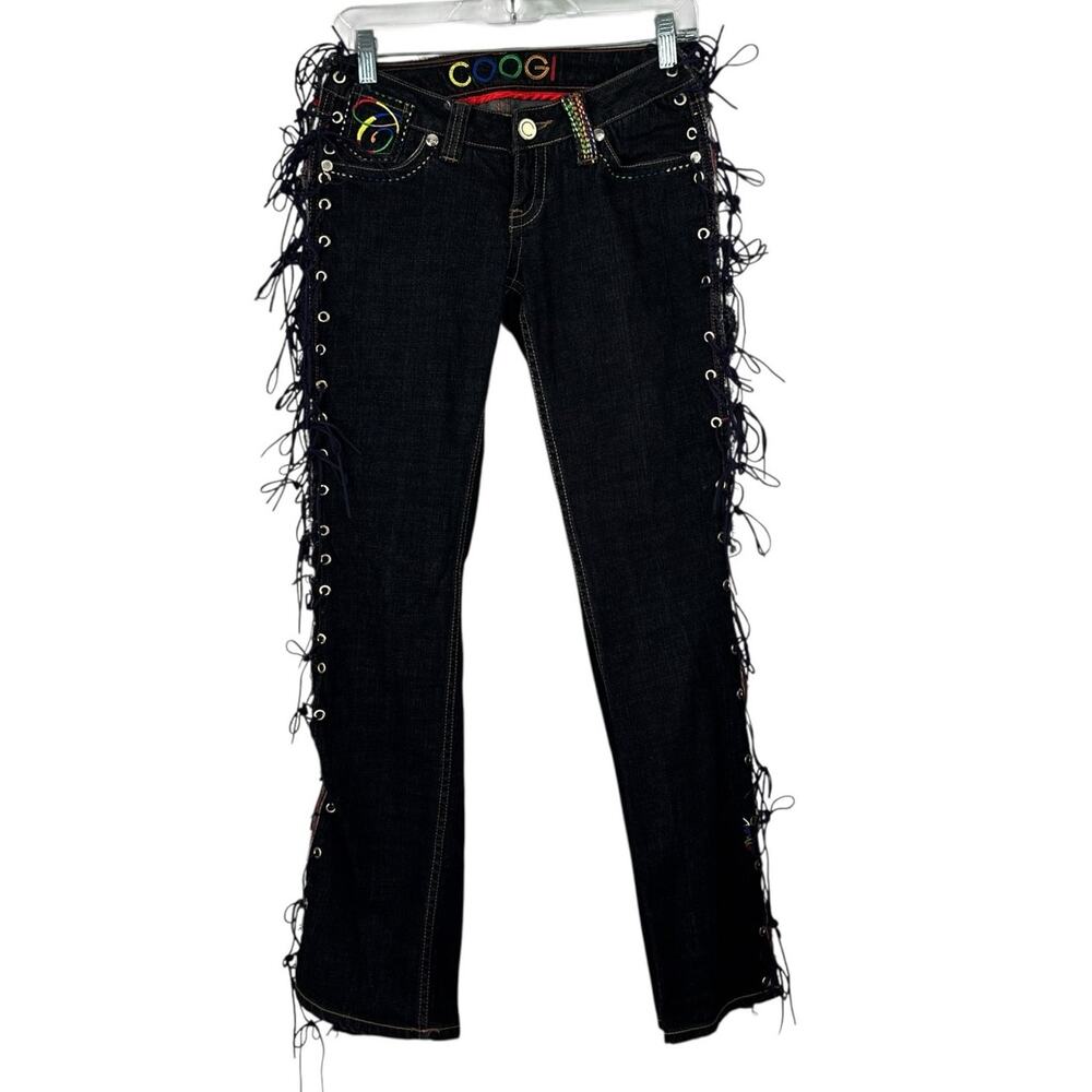 Vintage COOGI Jeans Women's Lace Up Embroidered Art to Wear Size 3/4 Embroidered